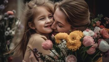 pequeño niña participación flores, abrazando su madre y celebrando de la madre día. generativo ai foto