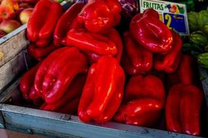 ripe red organic healthy peppers on a market stand photo