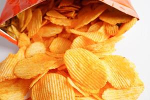 Potato chips in open bag, delicious BBQ seasoning spicy for crips, thin slice deep fried snack fast food. photo