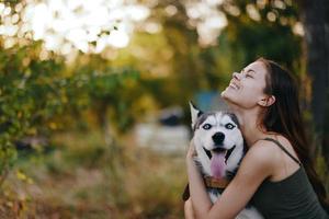 A woman with a husky breed dog smiles and affectionately strokes her beloved dog while walking in nature in the park in autumn against the backdrop of sunset photo