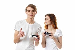 funny man and woman with joysticks in hands video games hobbies friendship photo