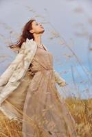 beautiful woman coat outdoors walk autumn season concept photo