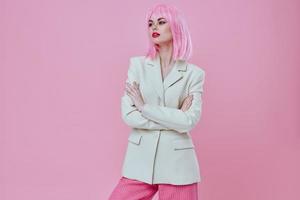 Beauty Fashion woman attractive look white blazer pink wig pink background unaltered photo