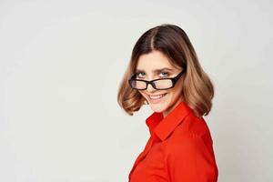 Business woman in red shirt fun emotions work secretary photo