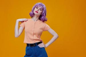 Pretty young female purple hair fashion posing glamor color background unaltered photo