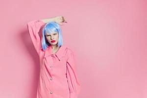 fashionable woman wears a blue wig makeup Lifestyle posing photo