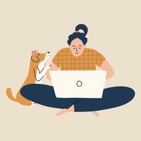 The girl sits with a laptop and strokes her dog. Woman works remotely, freelancer. Vector illustration in hand drawn style