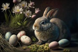 Easter bunny with easter eggs illustration in old-fashioned painting style. Generative AI. photo