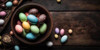 bowl of easter eggs and sweets on rustic wooden table with copy space. Generative AI. photo