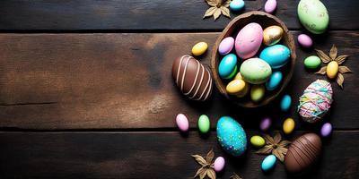 Easter eggs and chocolate sweets on rustic dark brown wood table. Gernartive AI. photo
