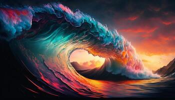 Colorful Ocean Wave. Sea water in crest shape. Sunset light and beautiful clouds on background. photo