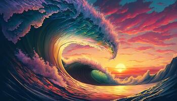 Colorful Ocean Wave. Sea water in crest shape. Sunset light and beautiful clouds on background. photo