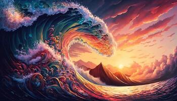 Colorful Ocean Wave. Sea water in crest shape. Sunset light and beautiful clouds on background. photo