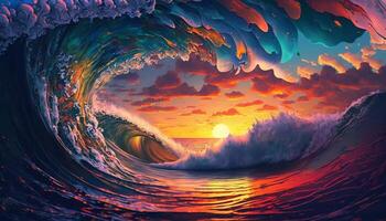 Colorful Ocean Wave. Sea water in crest shape. Sunset light and beautiful clouds on background. photo