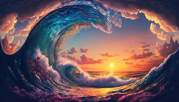 Colorful Ocean Wave. Sea water in crest shape. Sunset light and beautiful clouds on background. photo