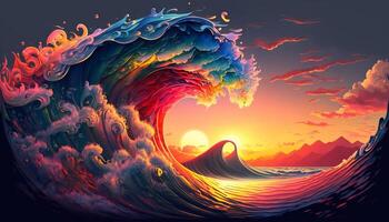 Colorful Ocean Wave. Sea water in crest shape. Sunset light and beautiful clouds on background. photo