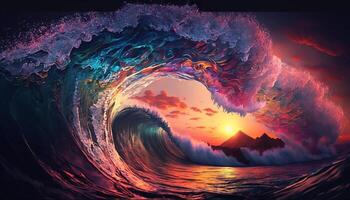 Colorful Ocean Wave. Sea water in crest shape. Sunset light and beautiful clouds on background. photo