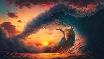 Colorful Ocean Wave. Sea water in crest shape. Sunset light and beautiful clouds on background. photo