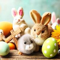 feliz fondo de pascua con conejo y huevos foto