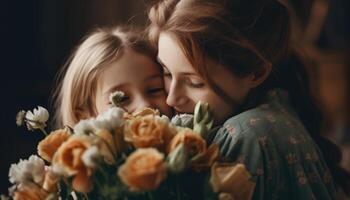 Little girl holding flowers, hugging her mother and celebrating mother's day. photo