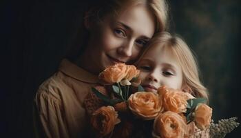 Little girl holding flowers, hugging her mother and celebrating mother's day. photo