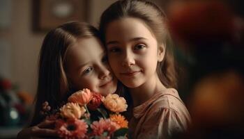 Little girl holding flowers, hugging her mother and celebrating mother's day. photo