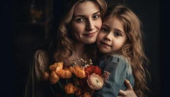 pequeño niña participación flores, abrazando su madre y celebrando de la madre día. generativo ai foto