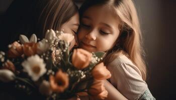 Little girl holding flowers, hugging her mother and celebrating mother's day. photo