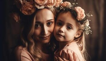 pequeño niña participación flores, abrazando su madre y celebrando de la madre día. generativo ai foto