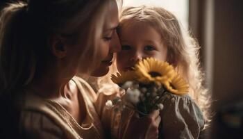 Little girl holding flowers, hugging her mother and celebrating mother's day. photo