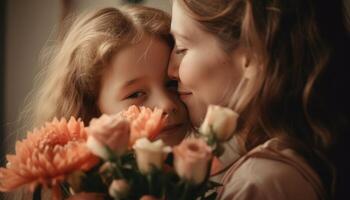 Little girl holding flowers, hugging her mother and celebrating mother's day. photo