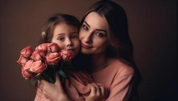 pequeño niña participación flores, abrazando su madre y celebrando de la madre día. generativo ai foto