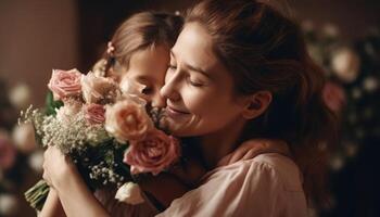 Little girl holding flowers, hugging her mother and celebrating mother's day. photo