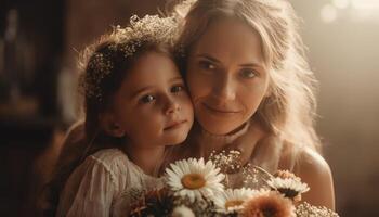 Little girl holding flowers, hugging her mother and celebrating mother's day. photo