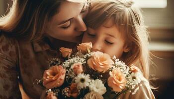 pequeño niña participación flores, abrazando su madre y celebrando de la madre día. generativo ai foto