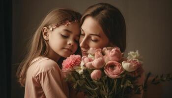 pequeño niña participación flores, abrazando su madre y celebrando de la madre día. generativo ai foto