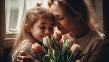 pequeño niña participación flores, abrazando su madre y celebrando de la madre día. generativo ai foto