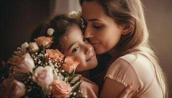 pequeño niña participación flores, abrazando su madre y celebrando de la madre día. generativo ai foto