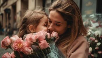 pequeño niña participación flores, abrazando su madre y celebrando de la madre día. generativo ai foto