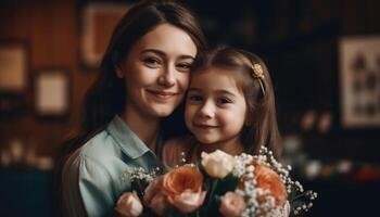 pequeño niña participación flores, abrazando su madre y celebrando de la madre día. generativo ai foto