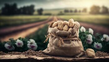 young potatoes in burlap sack on wooden table with blooming agricultural field on the background. photo