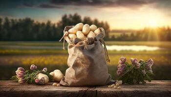 young potatoes in burlap sack on wooden table with blooming agricultural field on the background. photo