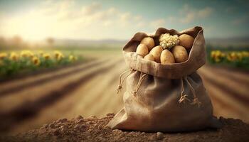 young potatoes in burlap sack on wooden table with blooming agricultural field on the background. photo