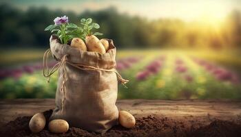 young potatoes in burlap sack on wooden table with blooming agricultural field on the background. photo