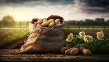 young potatoes in burlap sack on wooden table with blooming agricultural field on the background. photo