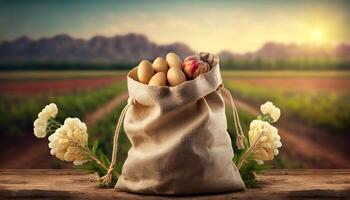young potatoes in burlap sack on wooden table with blooming agricultural field on the background. photo