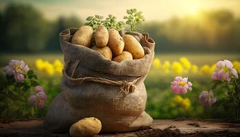 young potatoes in burlap sack on wooden table with blooming agricultural field on the background. photo