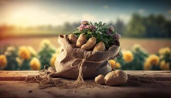 young potatoes in burlap sack on wooden table with blooming agricultural field on the background. photo