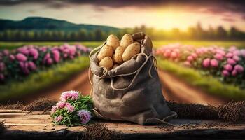 young potatoes in burlap sack on wooden table with blooming agricultural field on the background. photo