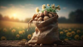young potatoes in burlap sack on wooden table with blooming agricultural field on the background. photo